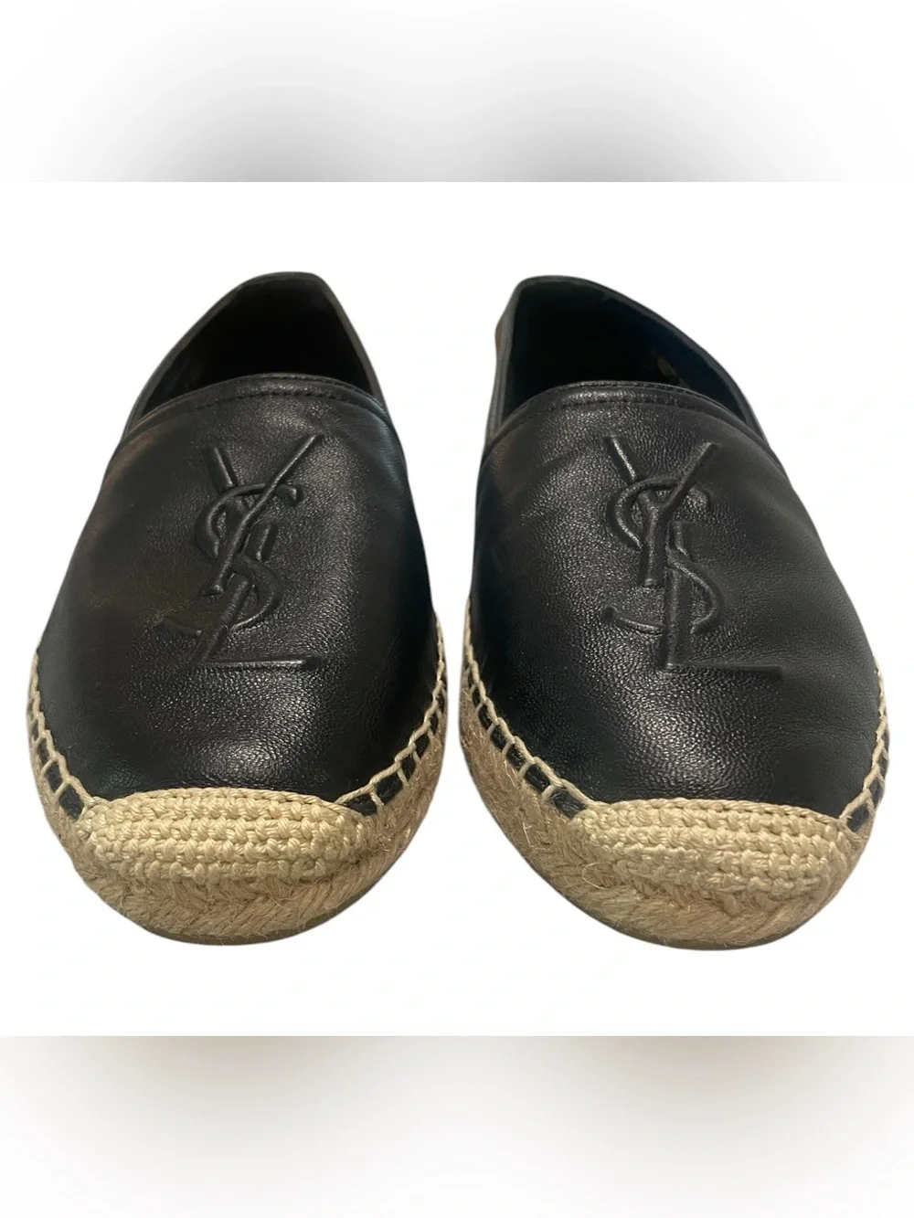 Saint Laurent Paris YSL Logo Black Leather Espadrille Flats 36.5